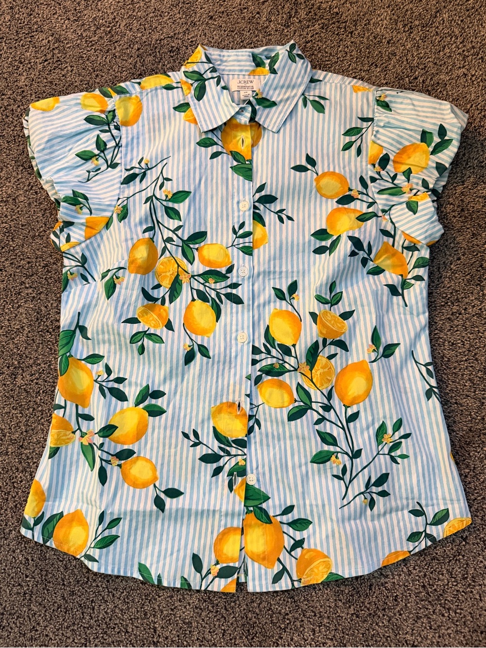 J. Crew Blue & White Stripe Button-Down Shirt with Yellow Lemon Print